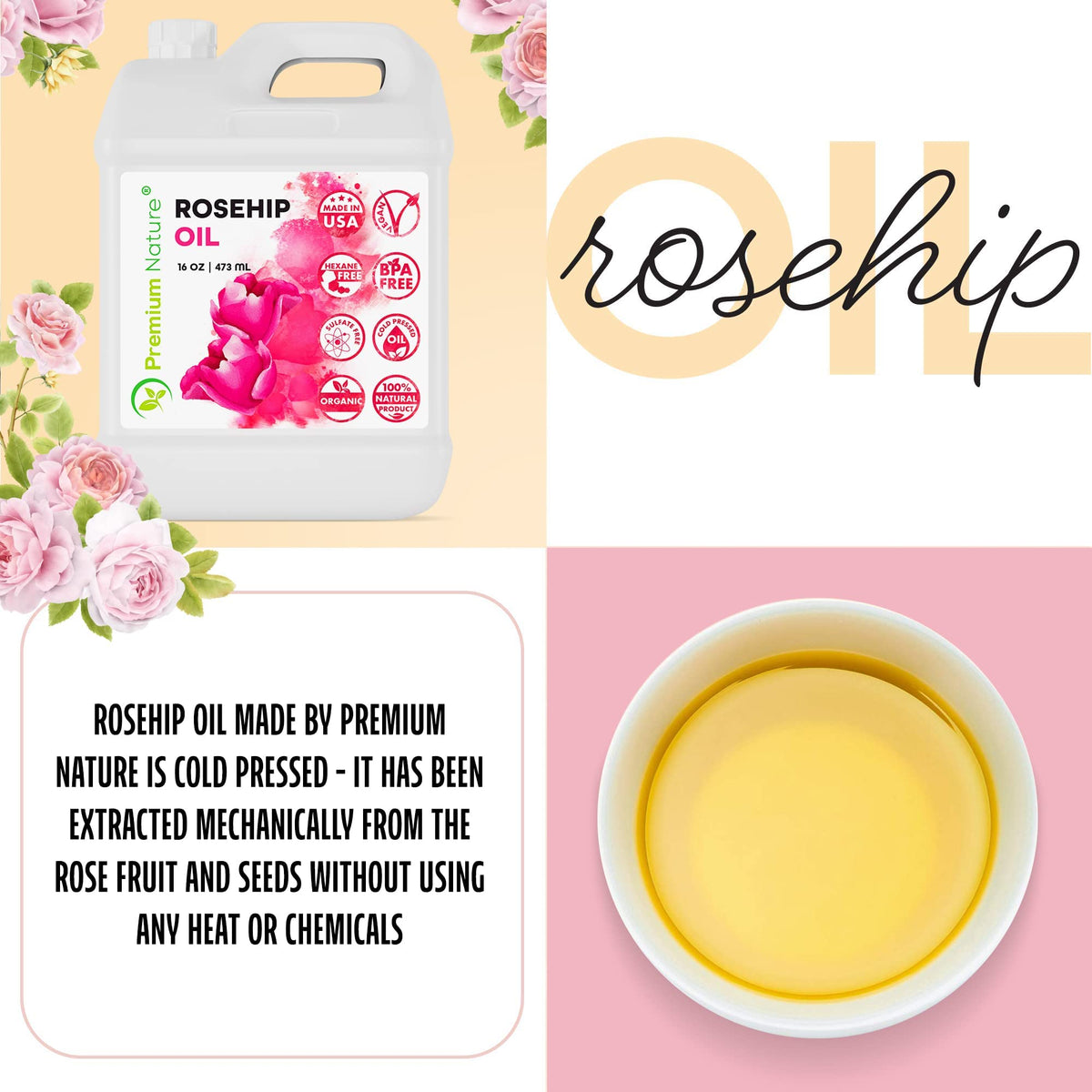 Premium Nature rosehip oil used with gua sha tool demonstrating smooth glide benefit