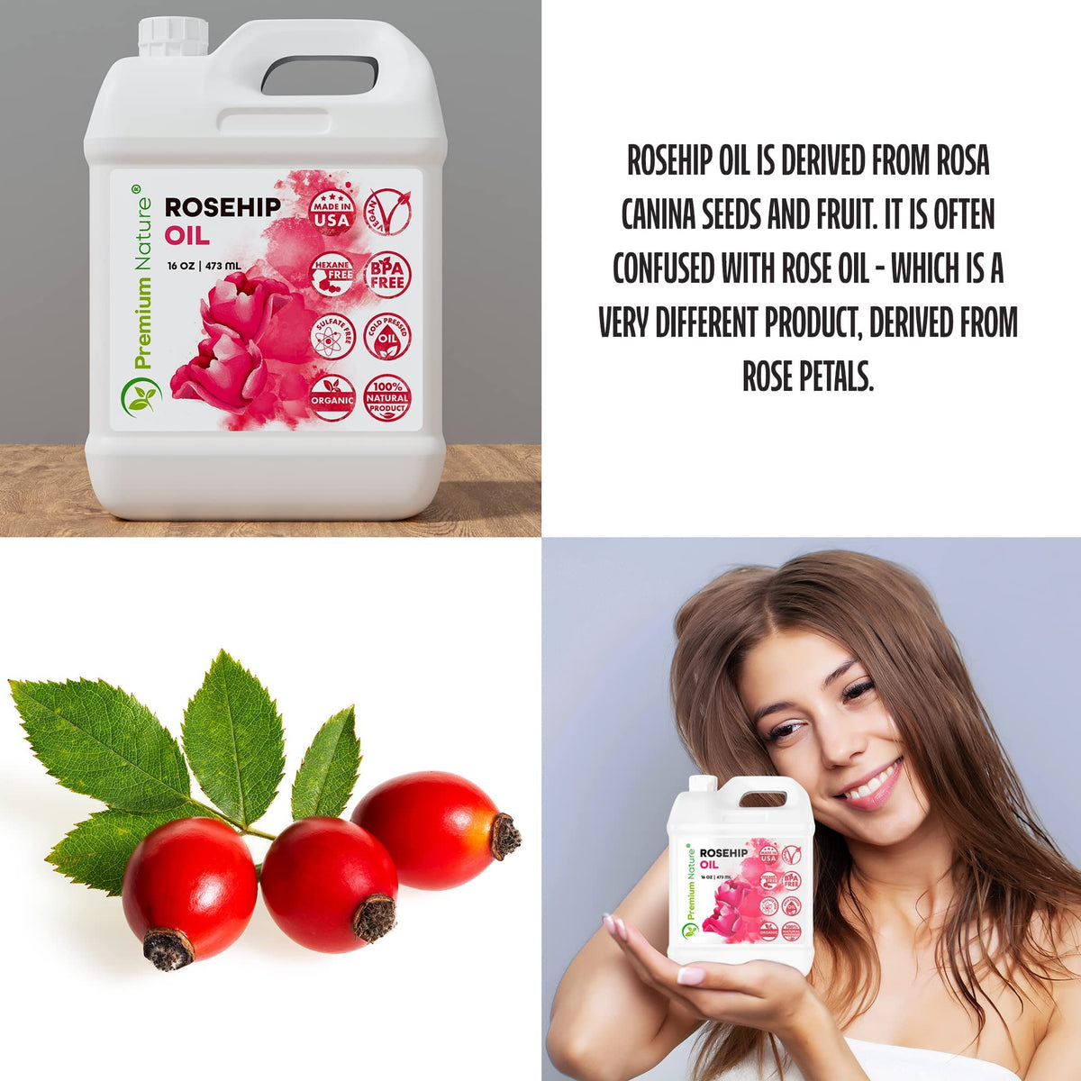 Premium Nature rosehip oil applied to hair ends showing added shine benefit