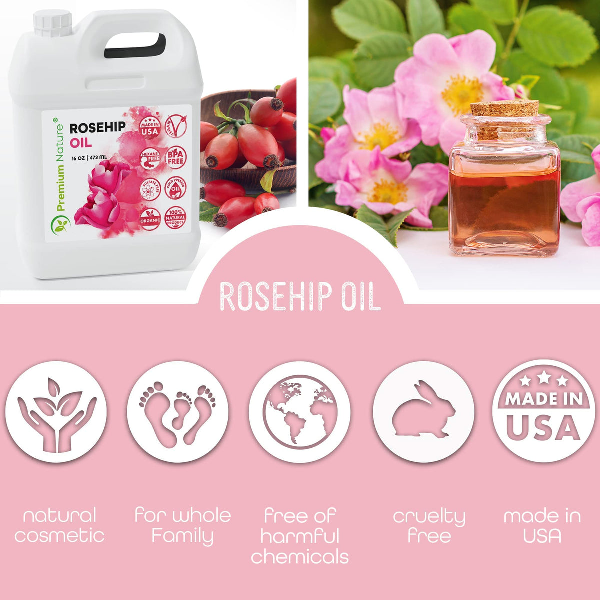 Premium Nature rosehip oil drop on hand highlighting lightweight absorbency benefit