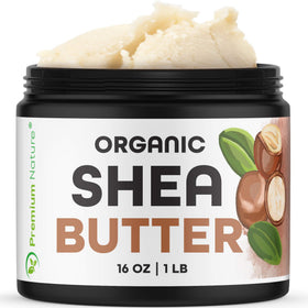 Premium Nature shea butter front jar showing label and size, moisturizing benefits