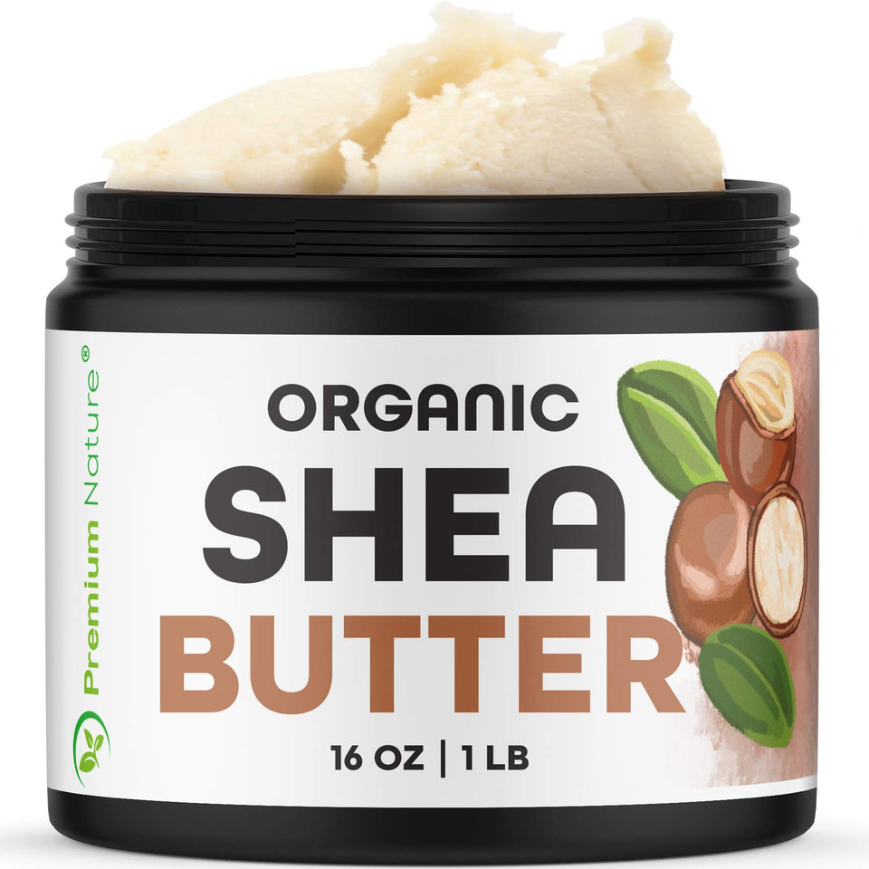 Premium Nature shea butter front jar showing label and size, moisturizing benefits