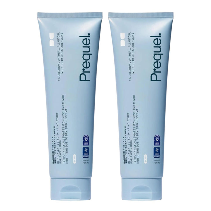 Prequel front packaging showing two cream tubes and clear product benefit