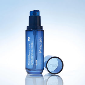 Prequel serum in a bathroom routine scene conveying daily skincare benefit