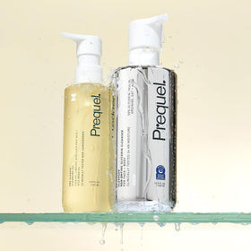 Prequel in-bathroom routine demonstrating gentle double-cleansing
