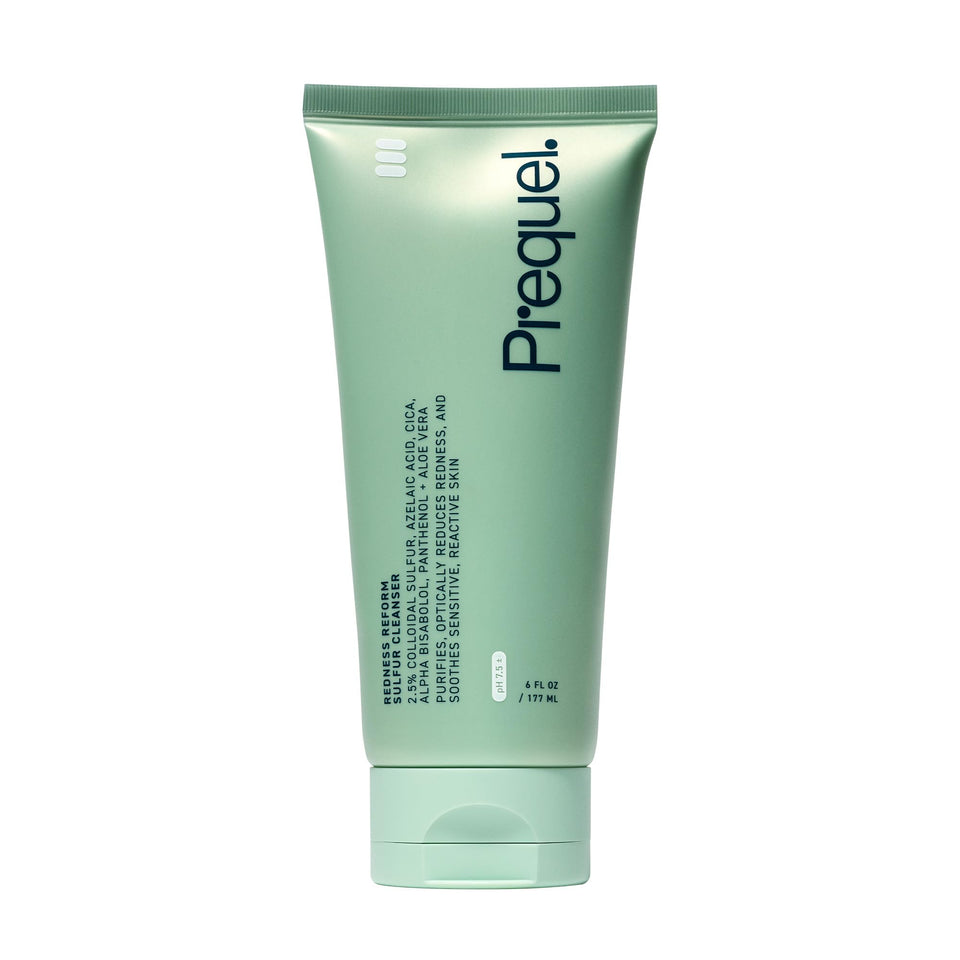 Prequel front packaging showing cleanser bottle and calm design for gentle cleansing