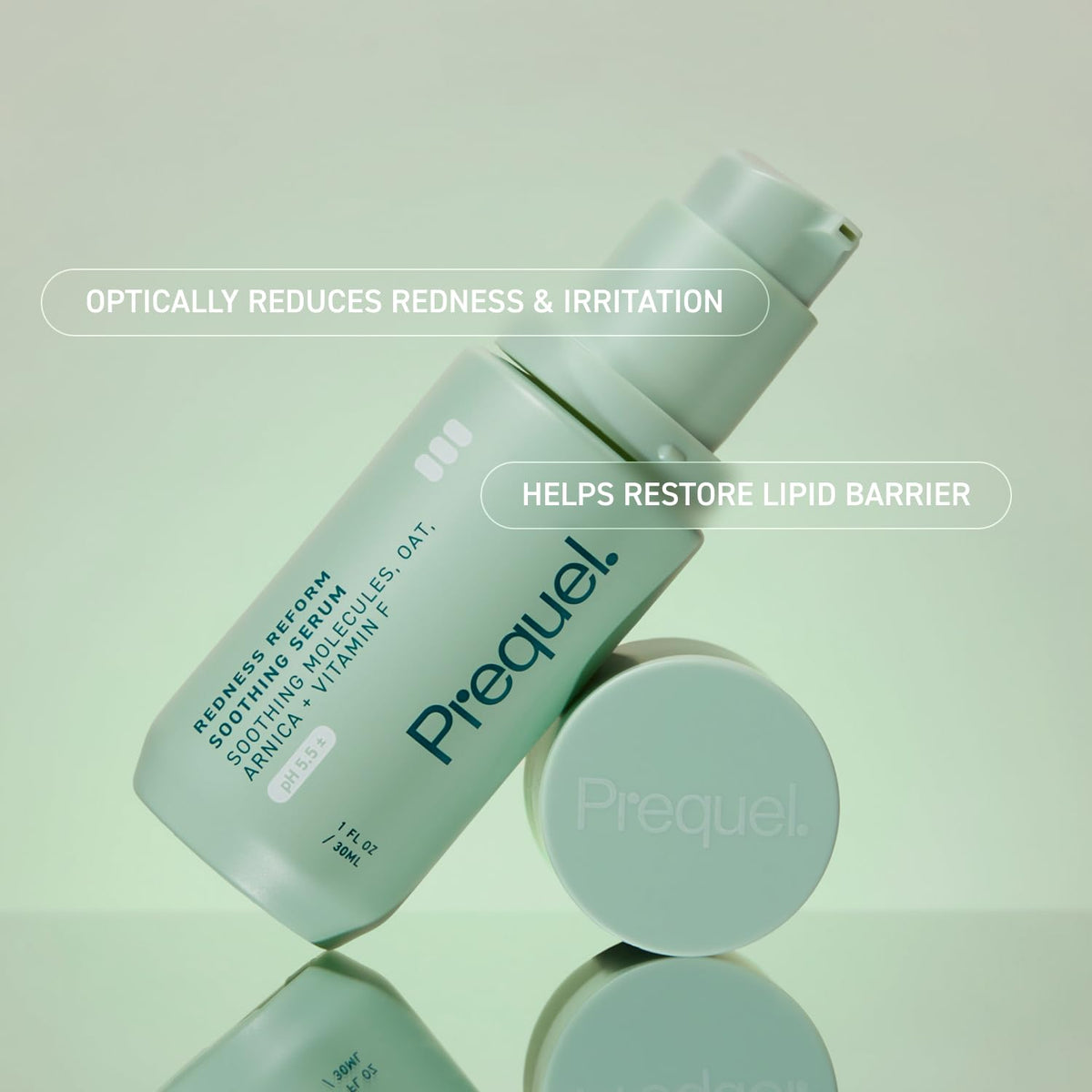 Prequel Redness Reform 1oz bottle next to a coin for scale showing travel-friendly benefit