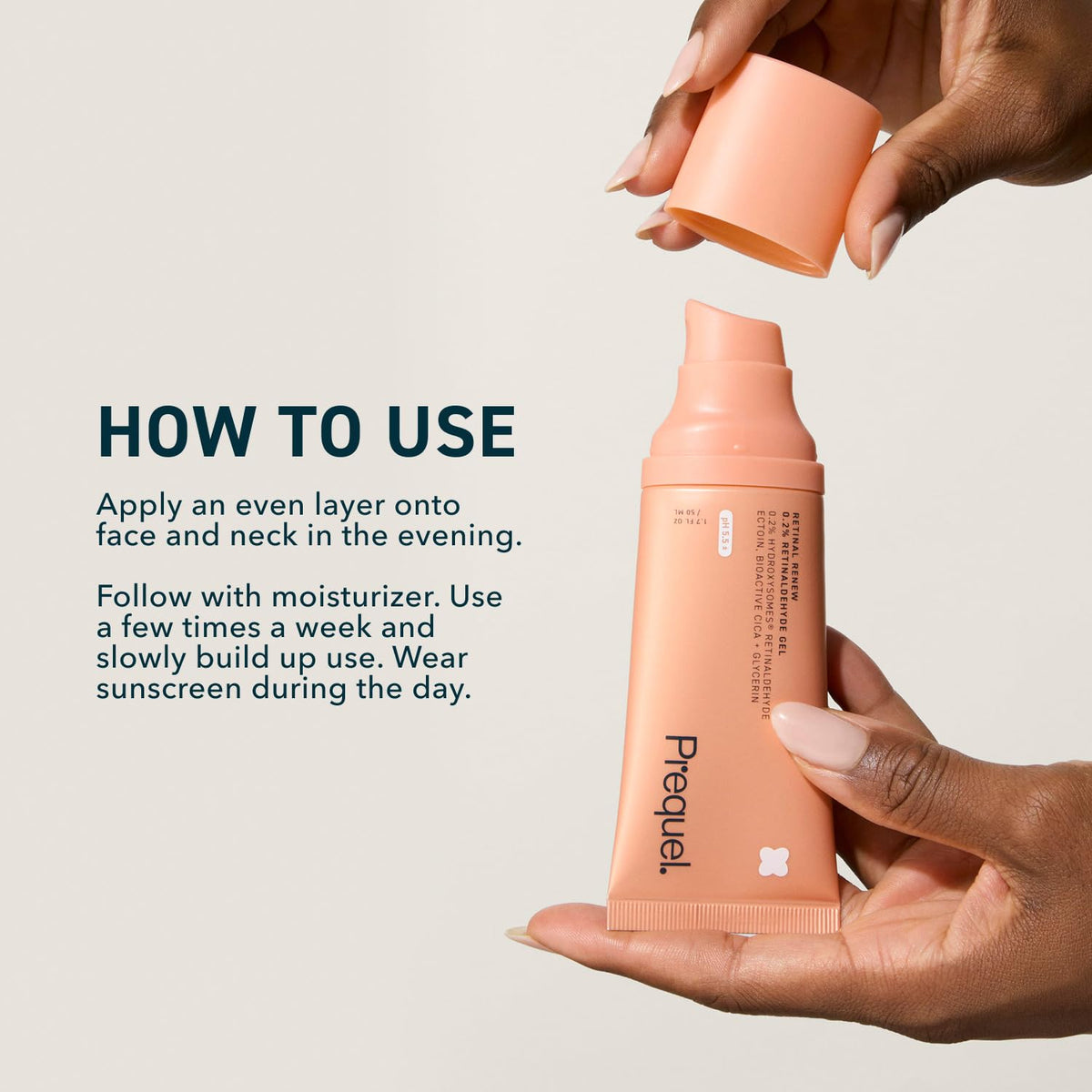 Prequel applied in nighttime routine showing skin-smoothing regimen benefit