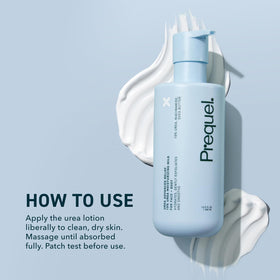 Prequel ingredients label closeup featuring urea, shea butter, and niacinamide