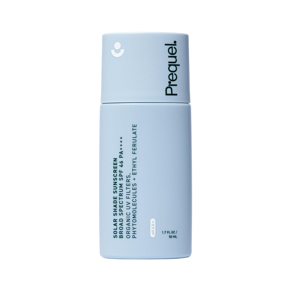 Prequel front tube of Solar Shade showing product branding and SPF benefit