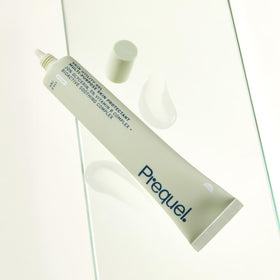 Prequel on a bathroom counter in daily routine to protect skin all day