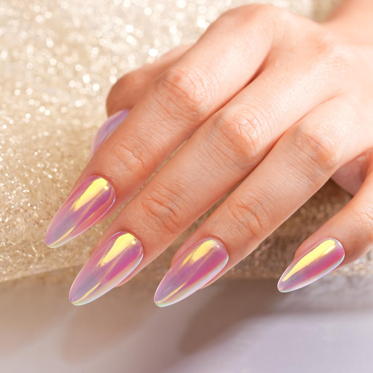 Pretty Diva before and after nails showing dramatic aurora chrome shift