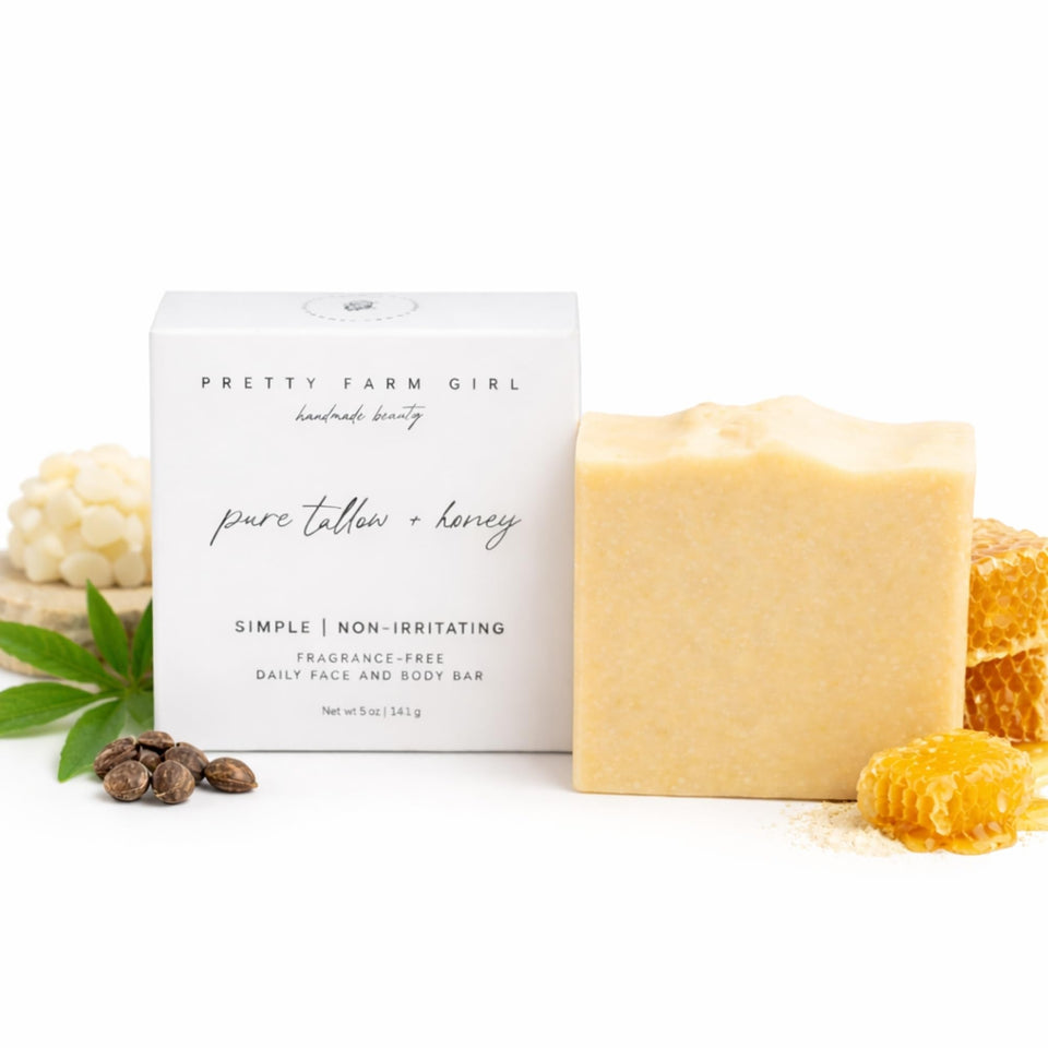 Pretty farm girl front packaging showing unscented tallow honey soap benefits