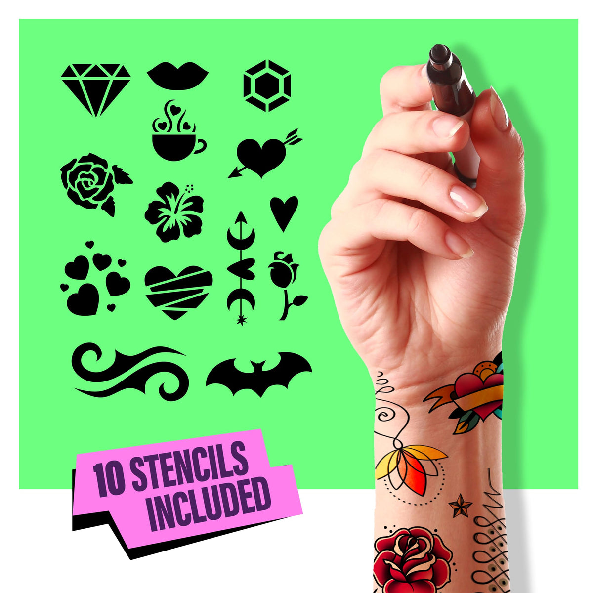 Pretty Me tattoo on forearm in use displaying vibrant, water-resistant design