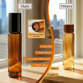 Amber glass texture on PrettyCare bottle, UV protection preserves blends