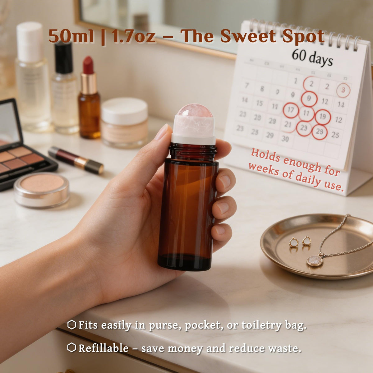 PrettyCare amber glass highlighted to show UV protection for light‑sensitive oil blends