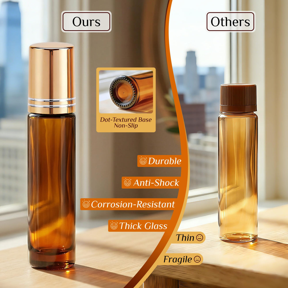 PrettyCare bottle filled with perfume demonstrating precise roll-on dispensing