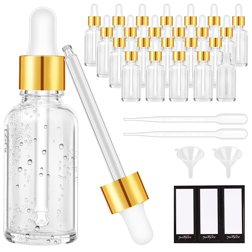 PrettyCare front view of 24 clear bottles showing neat bulk storage benefit