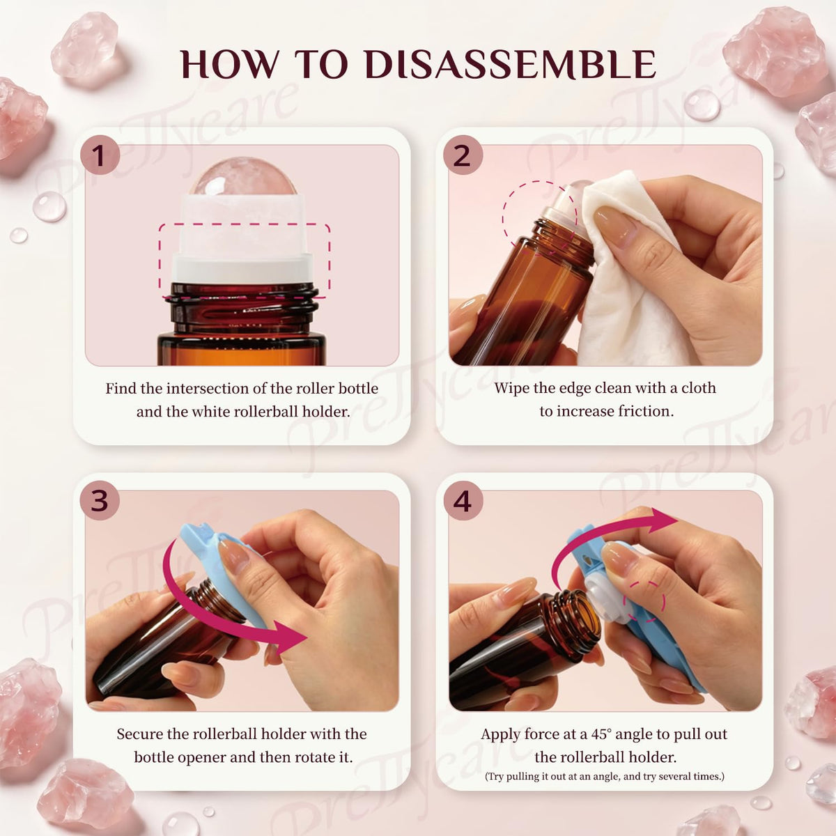 PrettyCare closeup of natural rose quartz roller ball delivering cool, smooth oil distribution