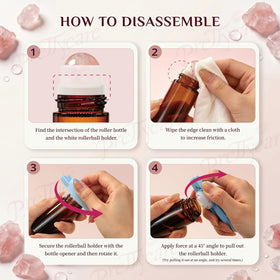 PrettyCare closeup of natural rose quartz roller ball delivering cool, smooth oil distribution