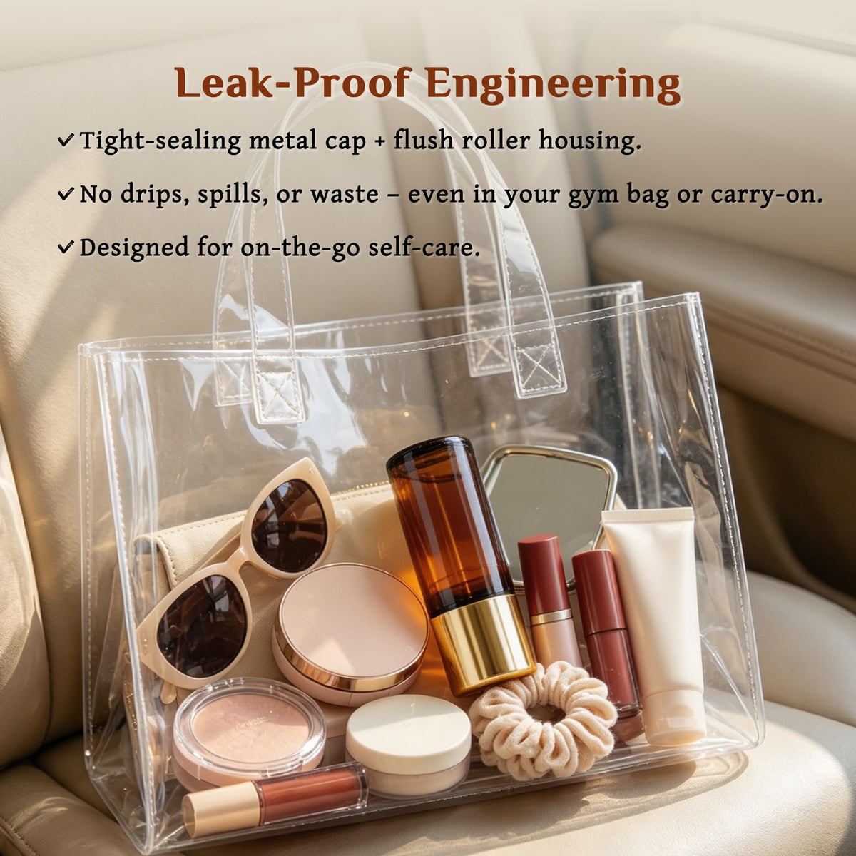 PrettyCare 50ml bottle shown beside common items to illustrate compact travel‑friendly size