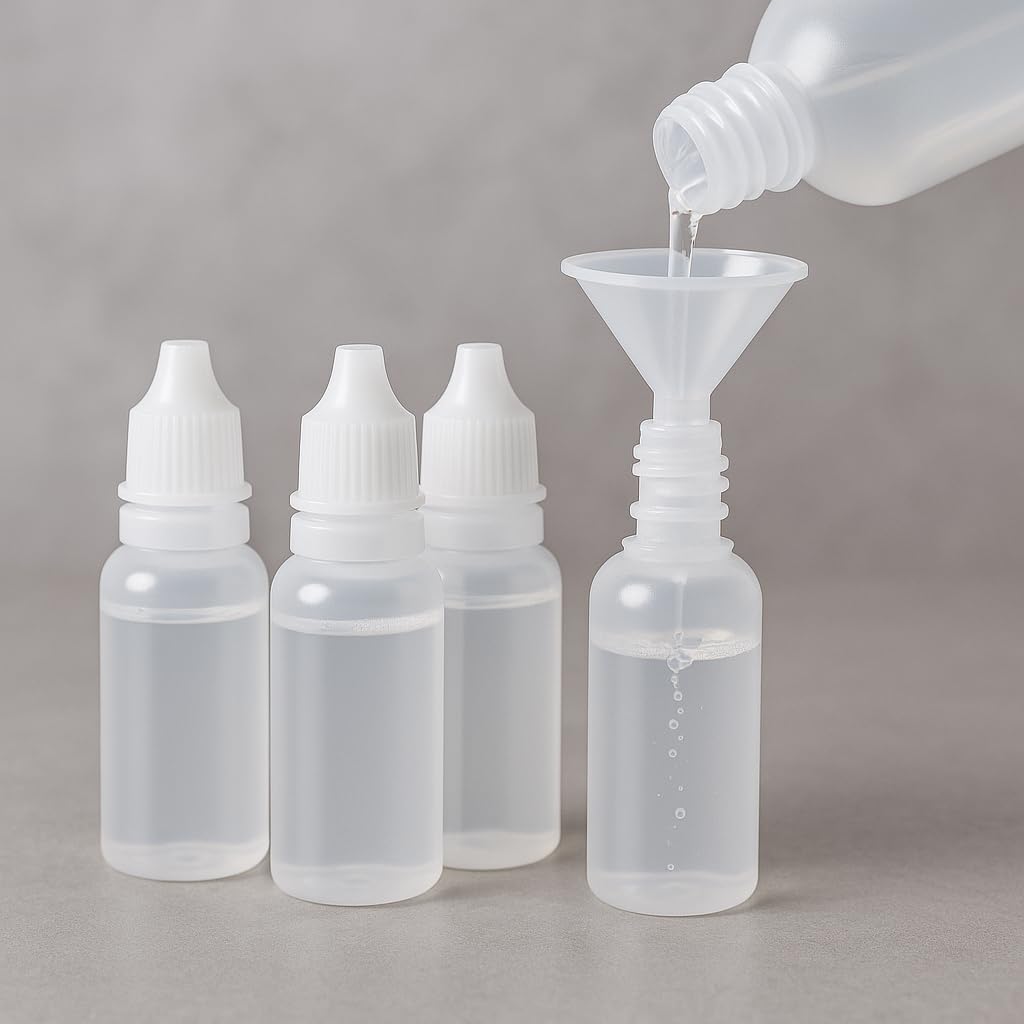 Pretwad front view of four 15ml dropper bottles and funnel, compact travel benefit