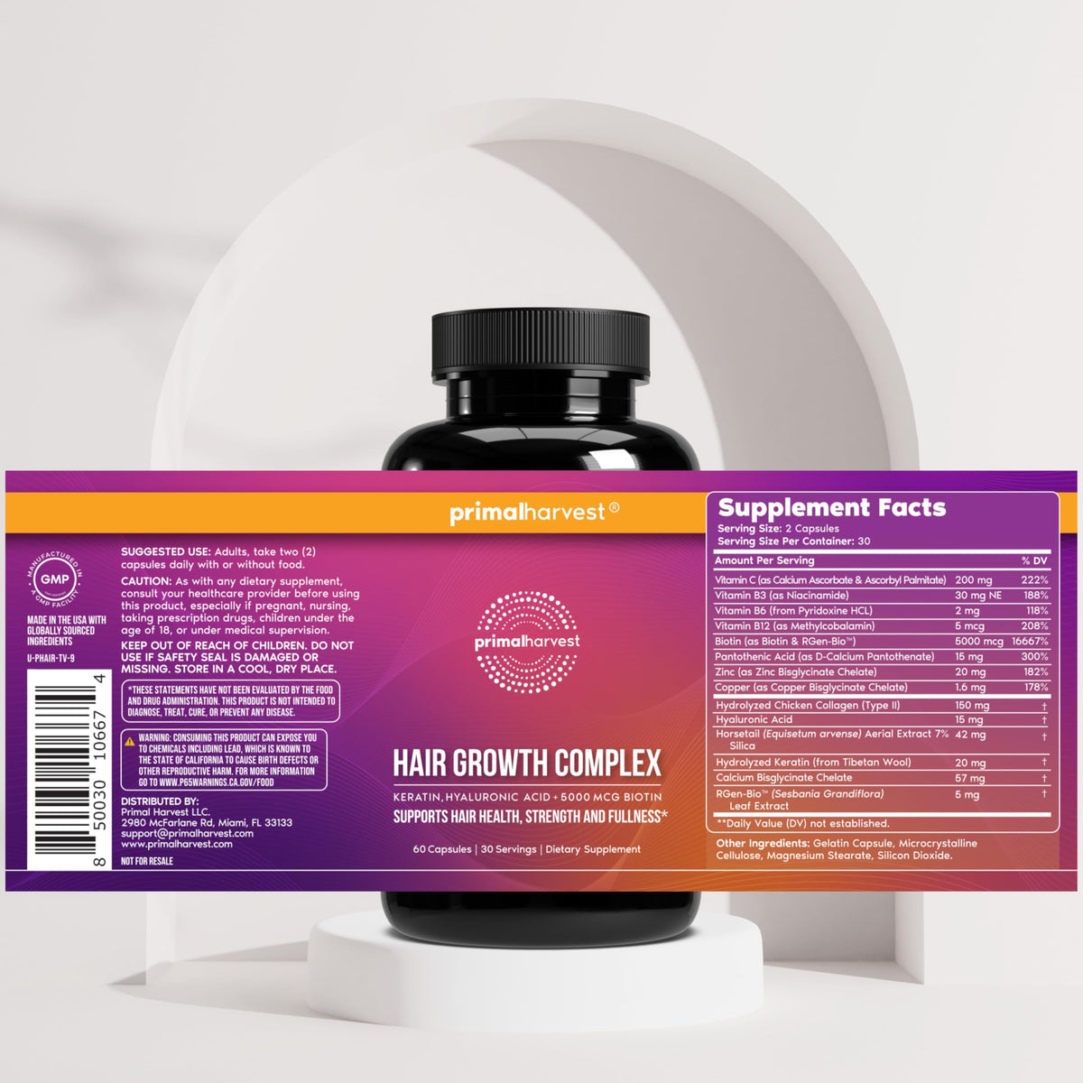 Primal Harvest bottle staged in bathroom for routine-ready supplement benefit