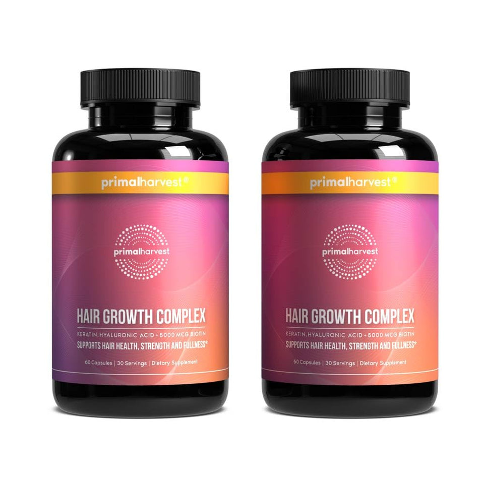 Primal Harvest front packaging two-bottle hair vitamin pack shows label and quantity benefit