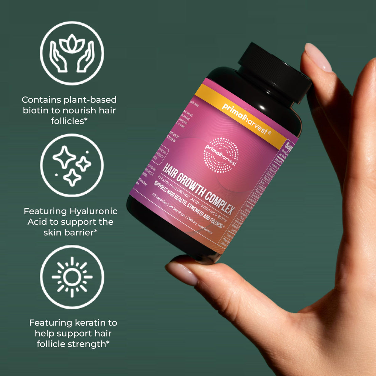 Primal Harvest capsule in hand illustrating scale and convenience for travel benefit