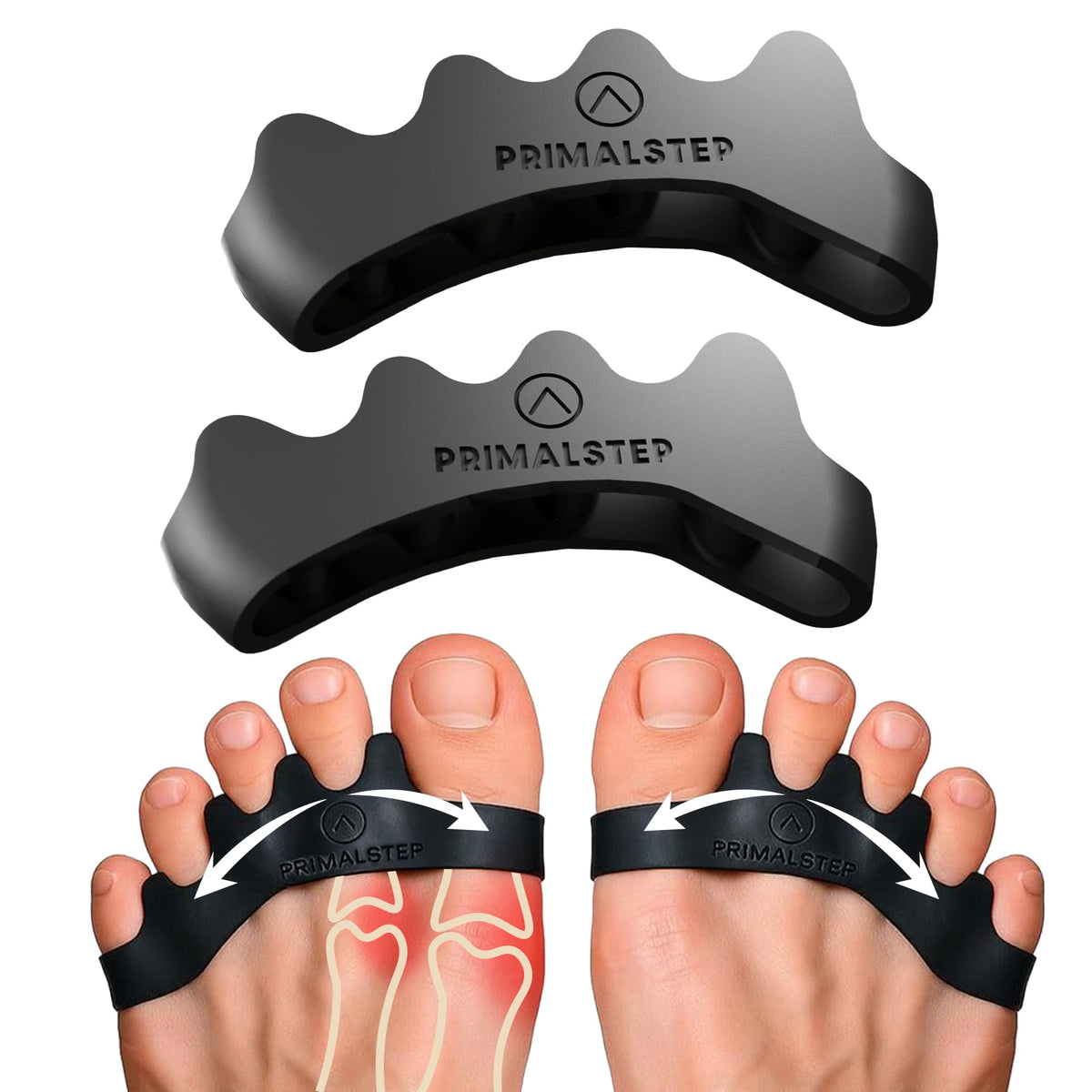 PRIMALSTEP front packaging showing XL gel toe separators for clear identification and quick purchase