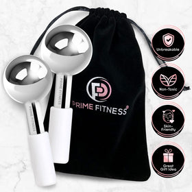 PRIME Fitness globes inside freezer illustrating cold therapy readiness to reduce puffiness