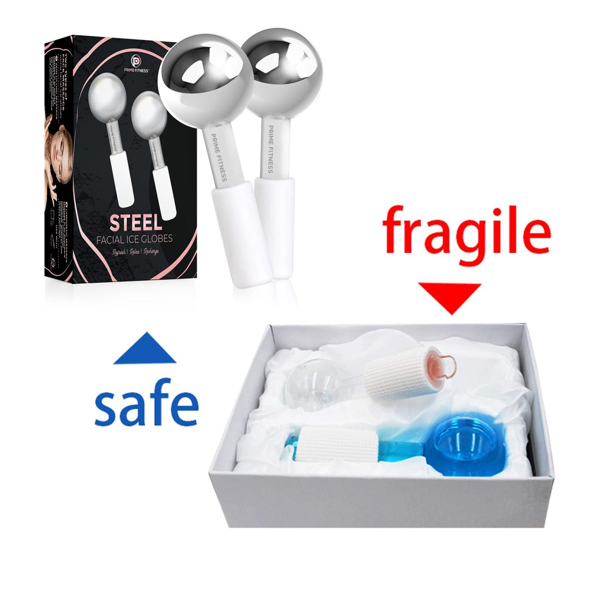 PRIME Fitness rolling under eyes and cheeks demonstrating depuffing motion and calming benefit