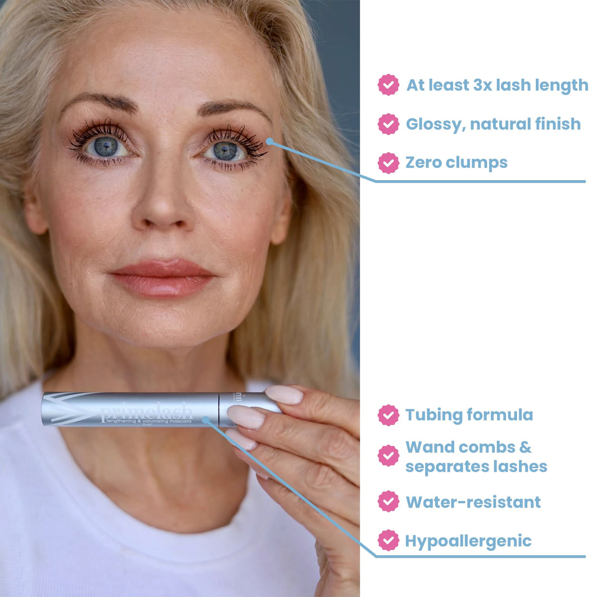 Prime Prometics wand close-up highlighting bristle design that separates lashes evenly for clump-free application