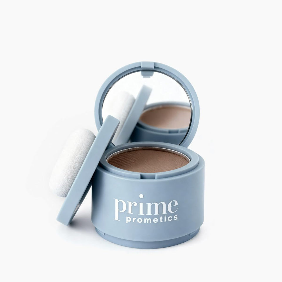 Prime Prometics compact front view showing ash brown shade and clarity of label