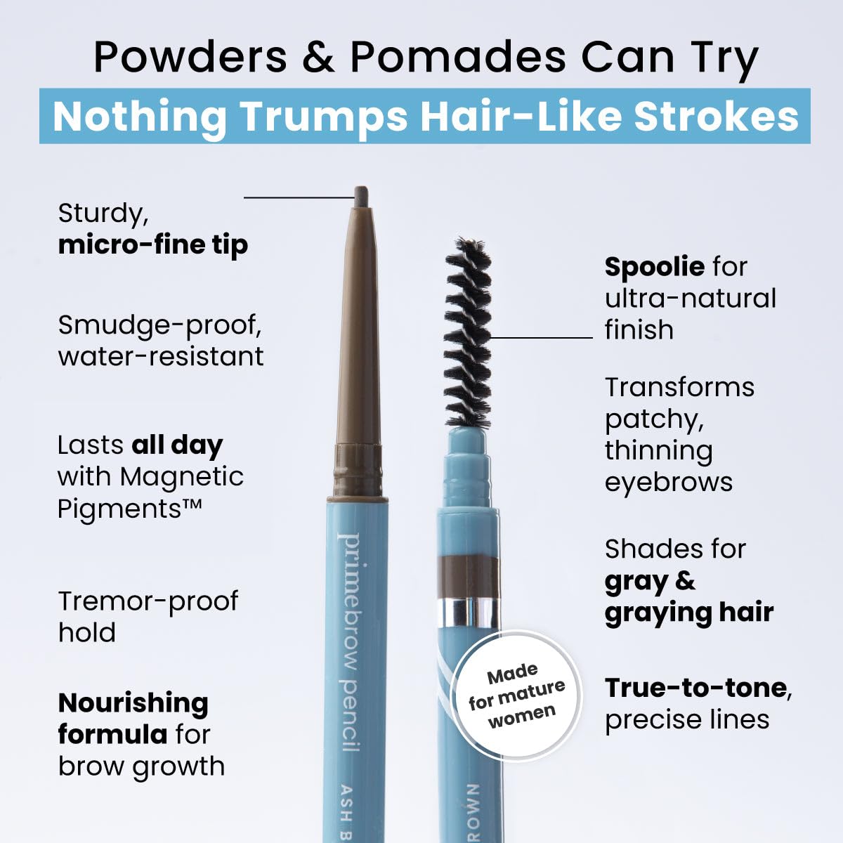 PRIME PROMETICS five shade swatches on arm illustrating blendable options for gray brows