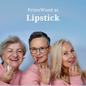 Prime Prometics PrimeWand lip closeup showing pigmented, buildable color for fuller-looking lips