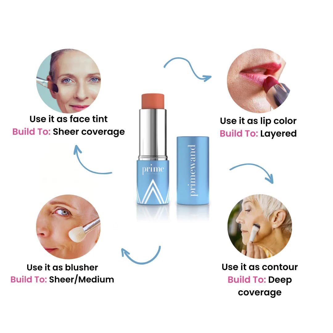 PRIME PROMETICS primewand nude applied to lips close-up, sheer rosy hydration visible