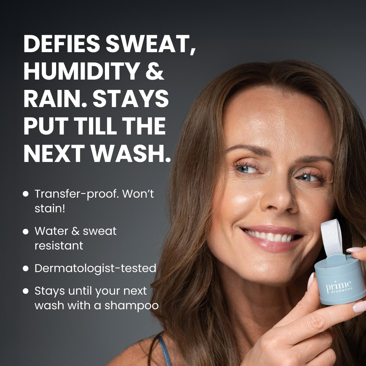 Prime Prometics compact beside a hand to show travel-friendly size benefit