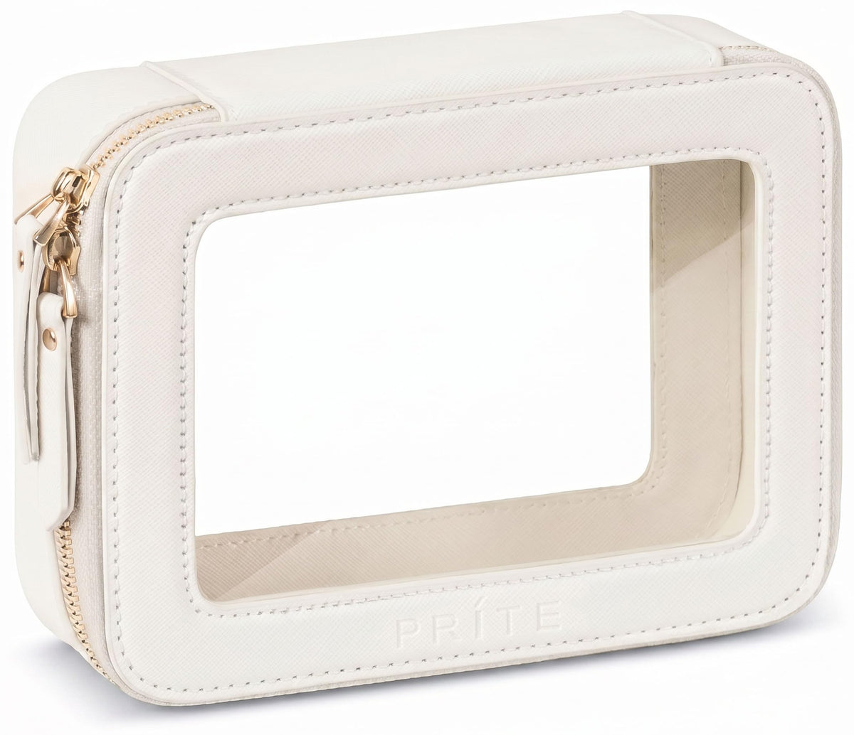 Prite beige front view showing elegant boxy silhouette and clear panel benefit