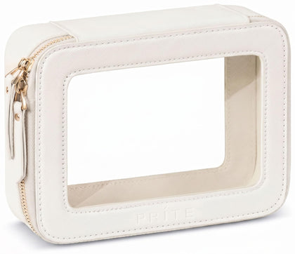 Prite beige front view showing elegant boxy silhouette and clear panel benefit