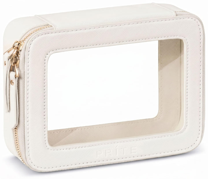 Prite beige front view showing elegant boxy silhouette and clear panel benefit