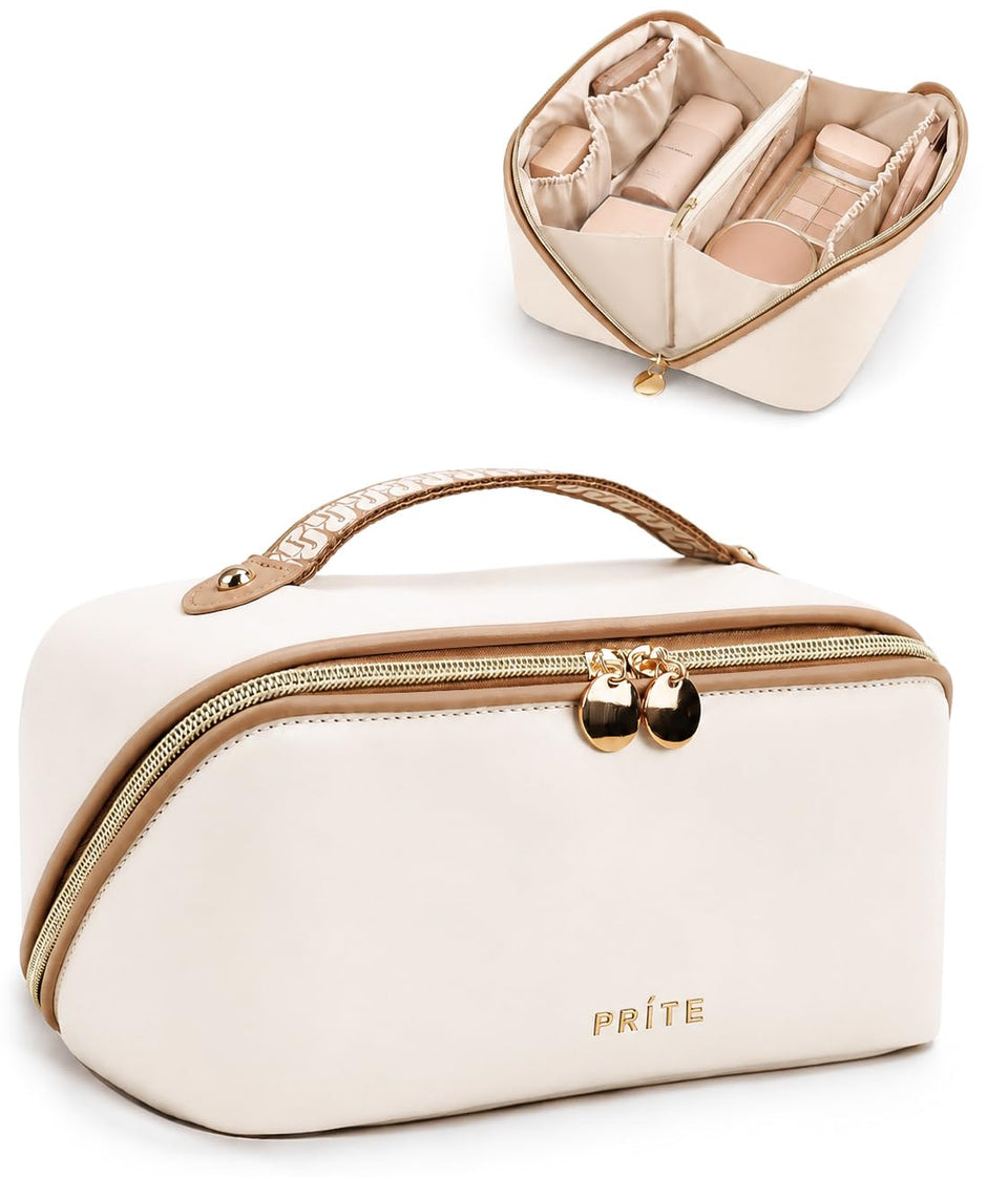 Prite front view of beige makeup bag showing clean silhouette and organization benefit