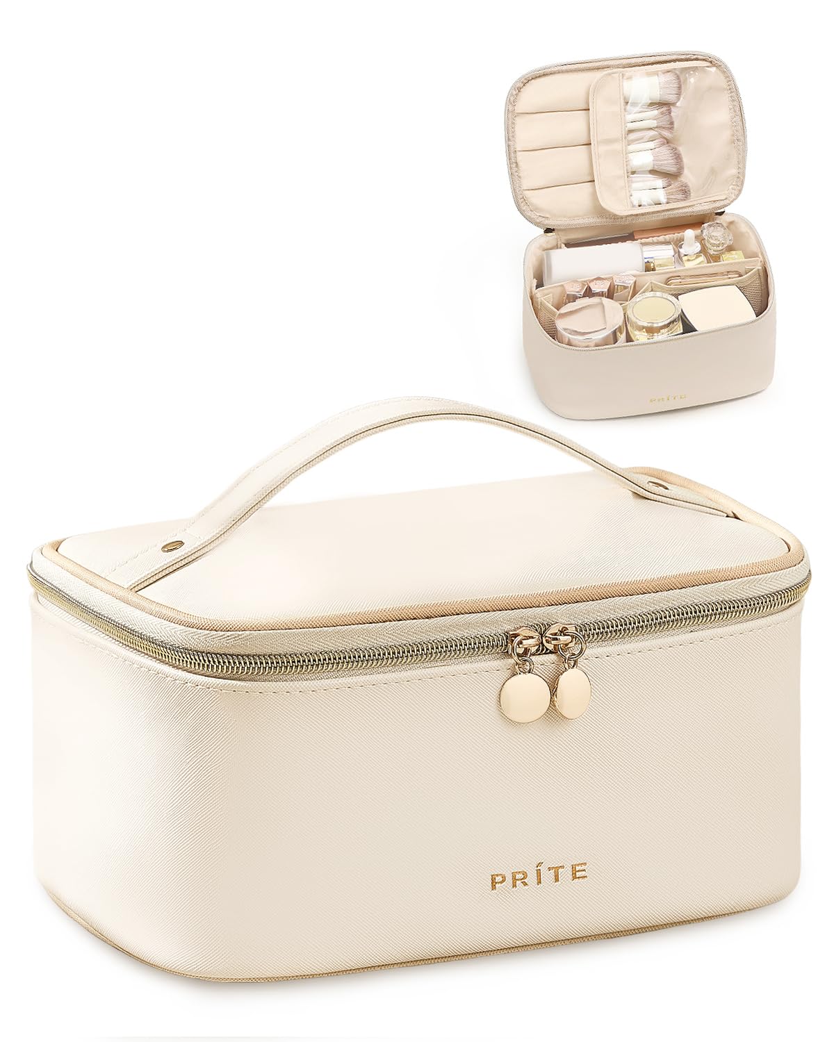 Prite front view showing beige PU leather and zipper, professional protection