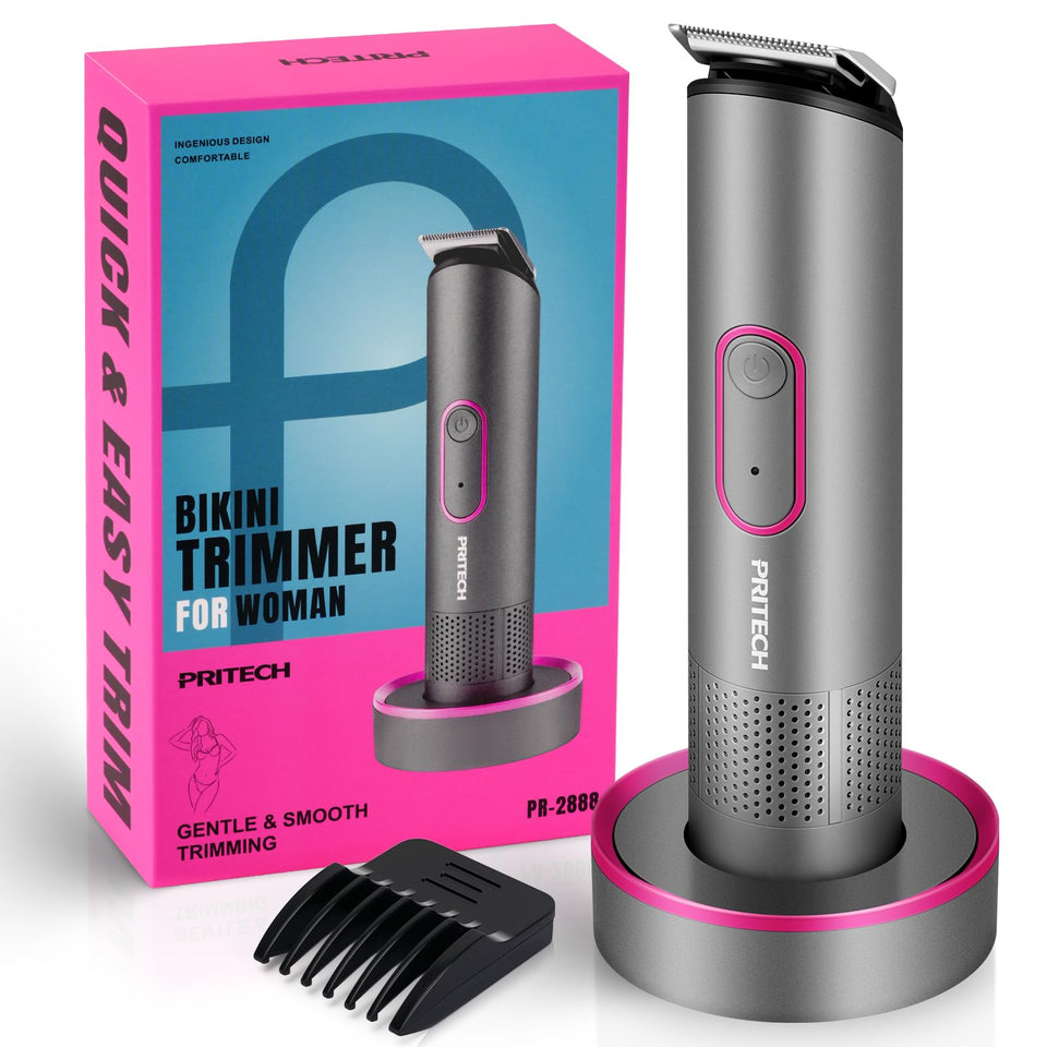 PRITECH bikini trimmer front view showing slate grey finish and controls, precise handling benefit
