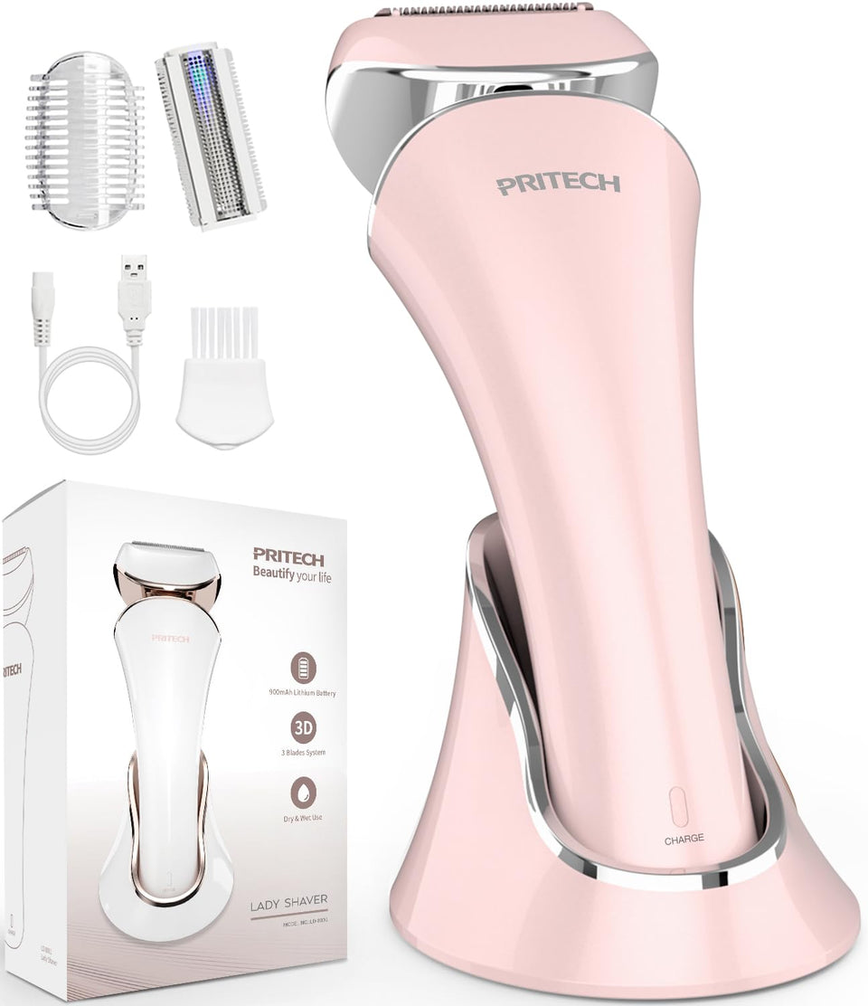PRITECH front view showing razor and packaging, highlighting compact portability