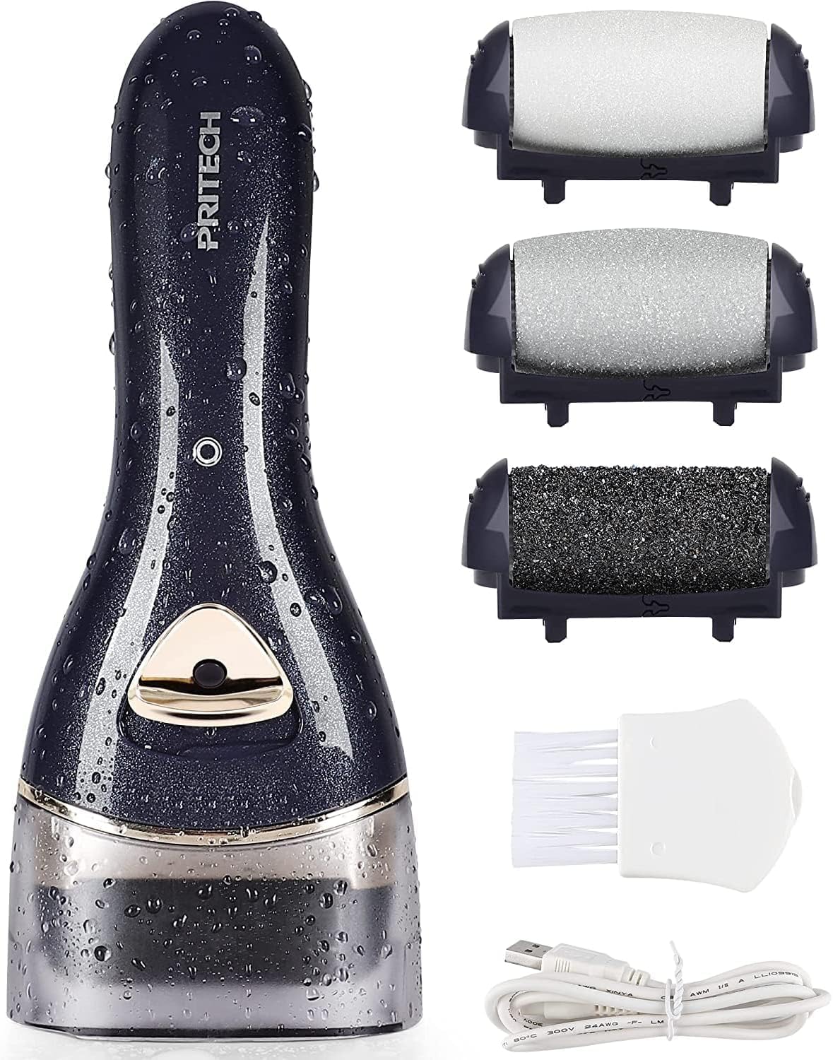 PRITECH front view of black electric callus remover showing compact design and benefit portability