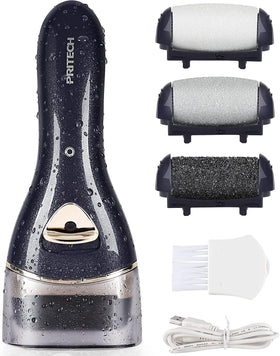 PRITECH front view of black electric callus remover showing compact design and benefit portability