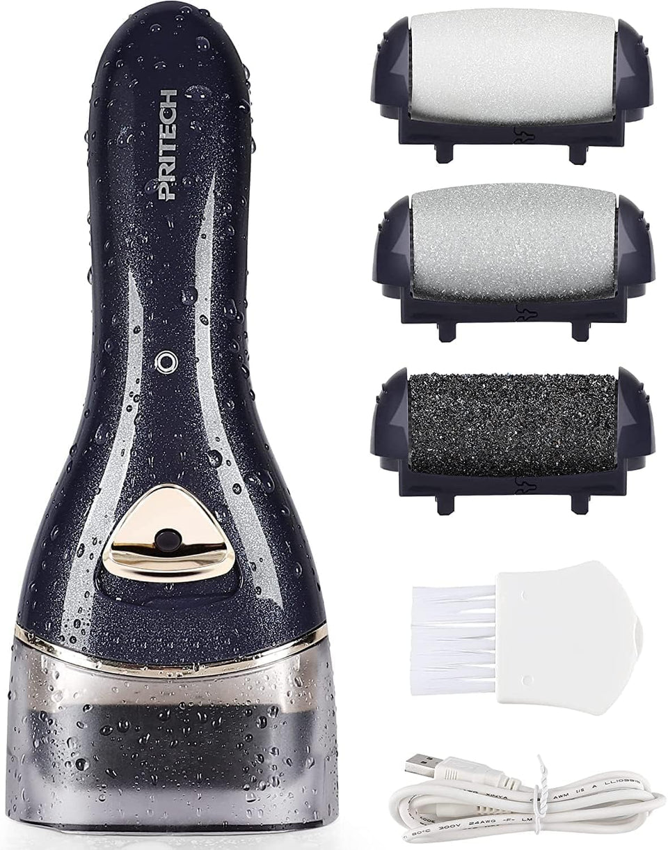 PRITECH front view of black electric callus remover showing compact design and benefit portability