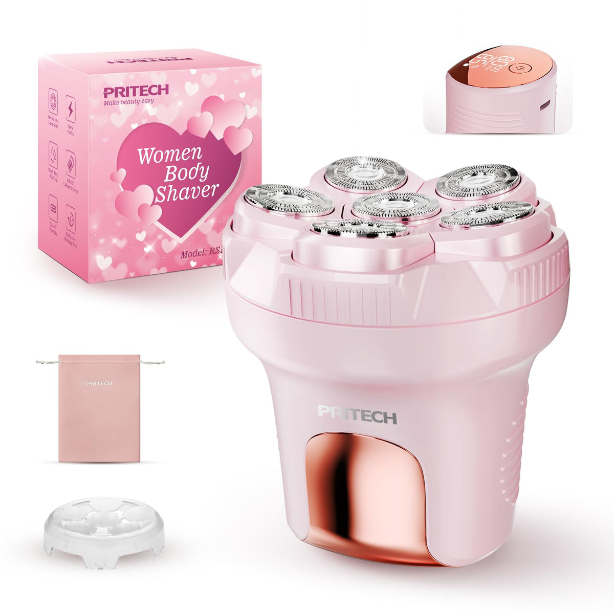 PRITECH electric razor front view showing ergonomic body and controls for comfortable handling