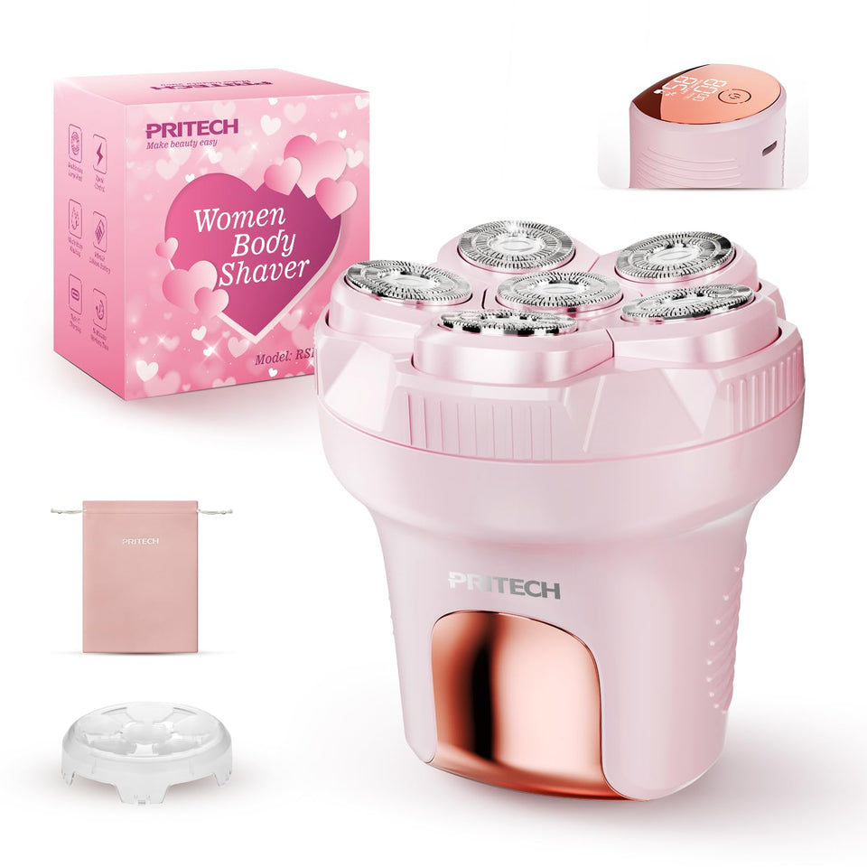 PRITECH electric razor front view showing ergonomic body and controls for comfortable handling