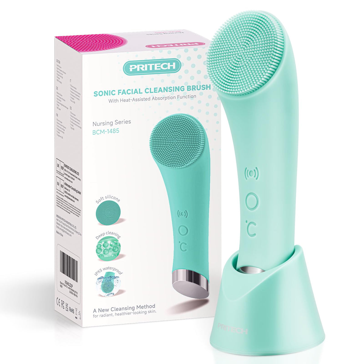 PRITECH front view of green silicone face scrubber showing compact design and easy grip